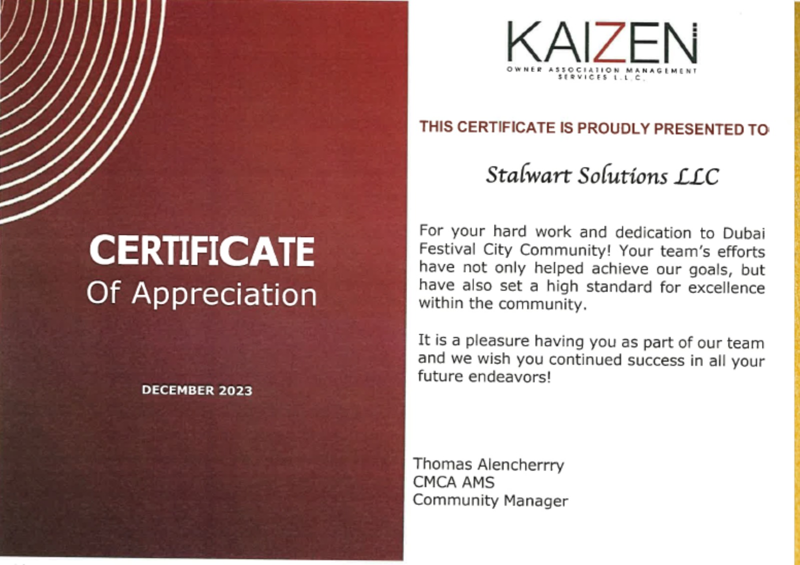 Certificate of Appreciation